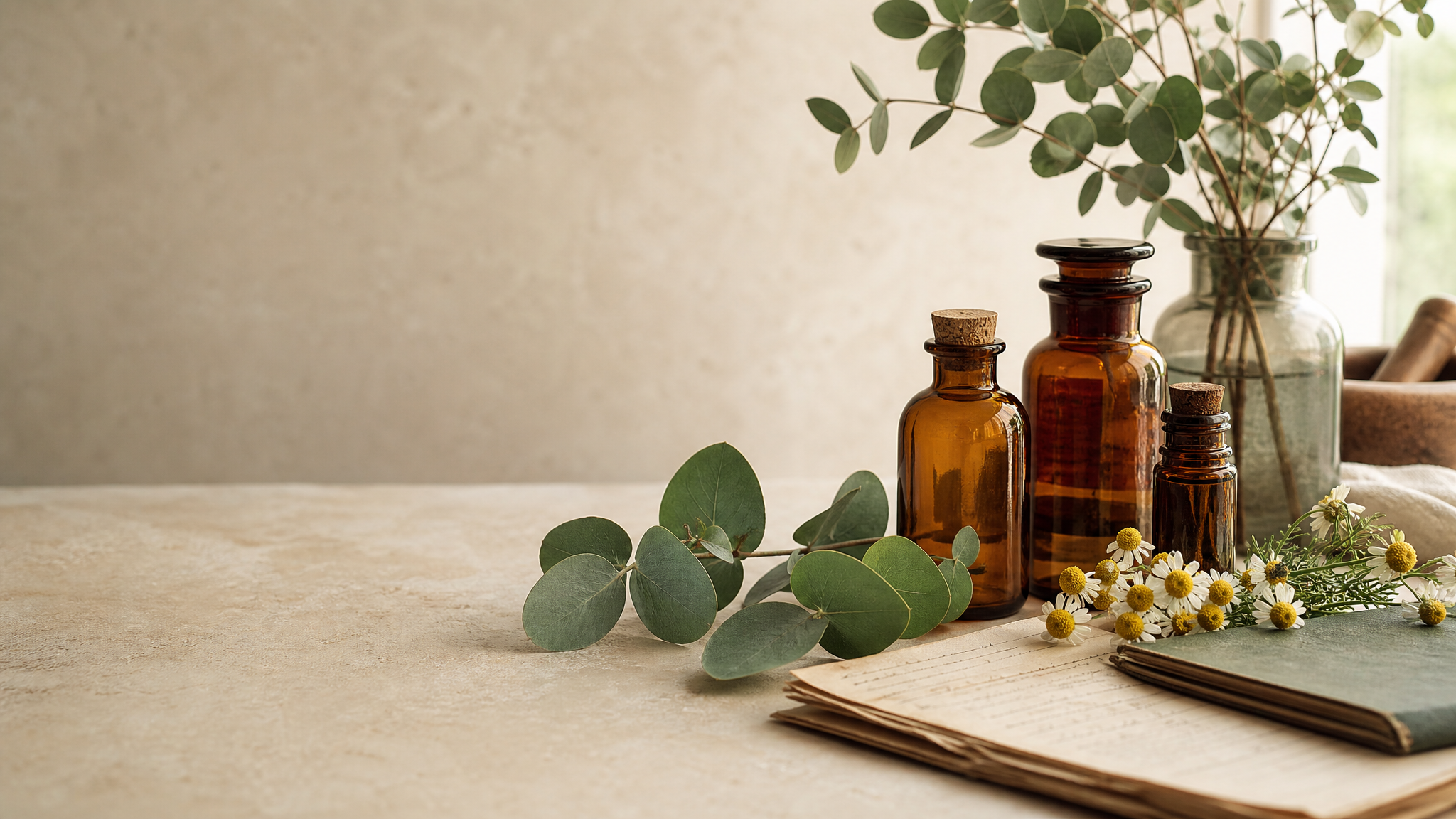 Amber remedy bottles, eucalyptus and chamomile beside an old health archive