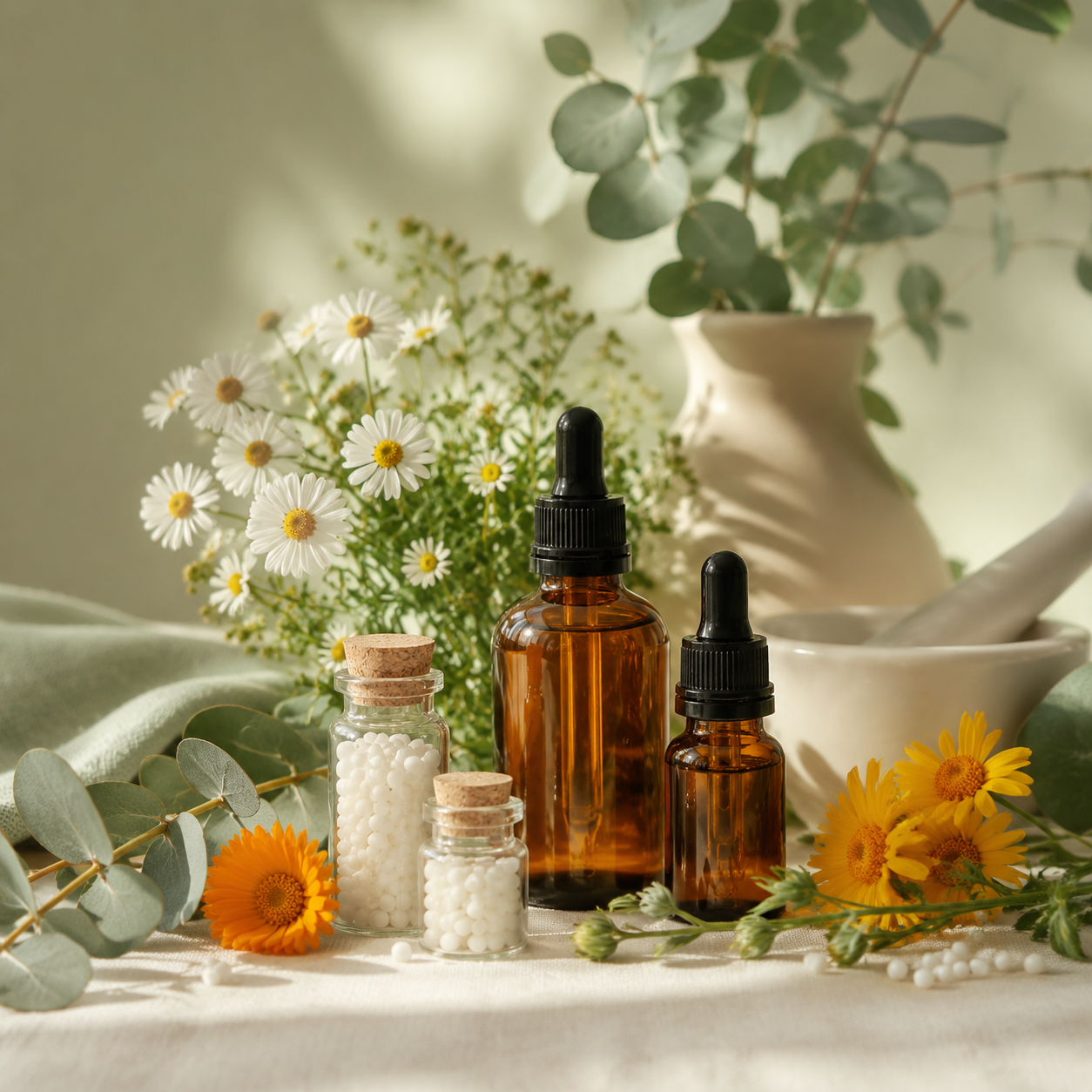 Amber homeopathic remedy bottles and white pillule vials with chamomile, calendula and eucalyptus on natural linen
